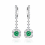 Halo setting cushion cut lab grown green diamond hoop earrings