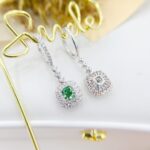 Halo setting cushion cut lab grown green diamond hoop earrings