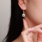 Halo setting cushion cut lab grown green diamond hoop earrings