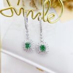 Halo setting cushion cut lab grown green diamond hoop earrings