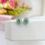 Halo setting oval cut lab grown green diamond earrings stud