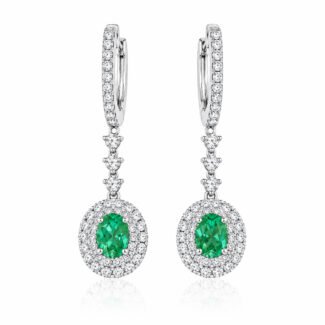 Halo setting oval cut lab grown green diamond hoop earrings