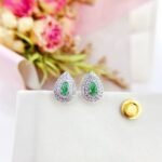 Halo setting pear cut lab grown green diamond earrings stud