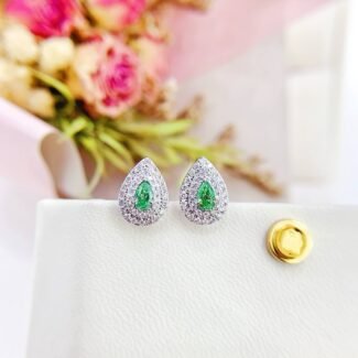 Halo setting pear cut lab grown green diamond earrings stud