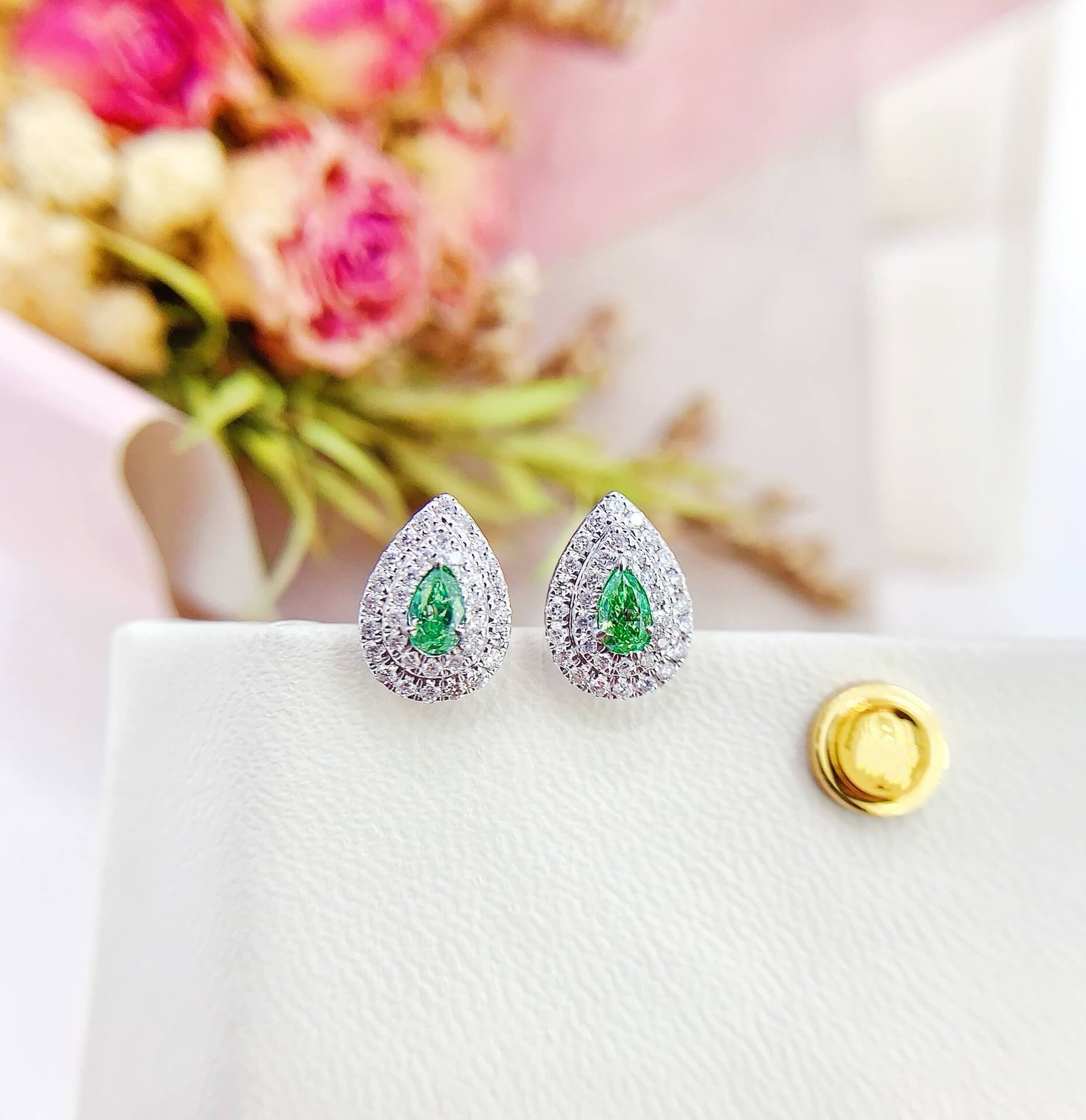 Halo setting pear cut lab grown green diamond earrings stud