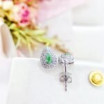 Halo setting pear cut lab grown green diamond earrings stud