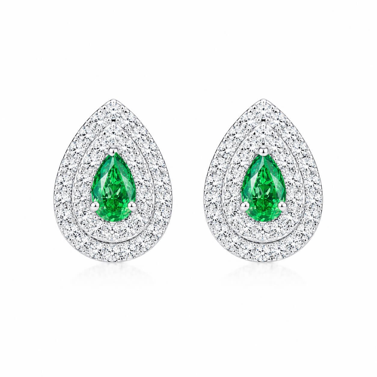 Halo setting pear cut lab grown green diamond earrings stud