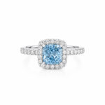 Cushion cut lab grown blue diamond engagement ring