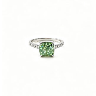 Cushion cut lab grown green diamond engagement ring 01