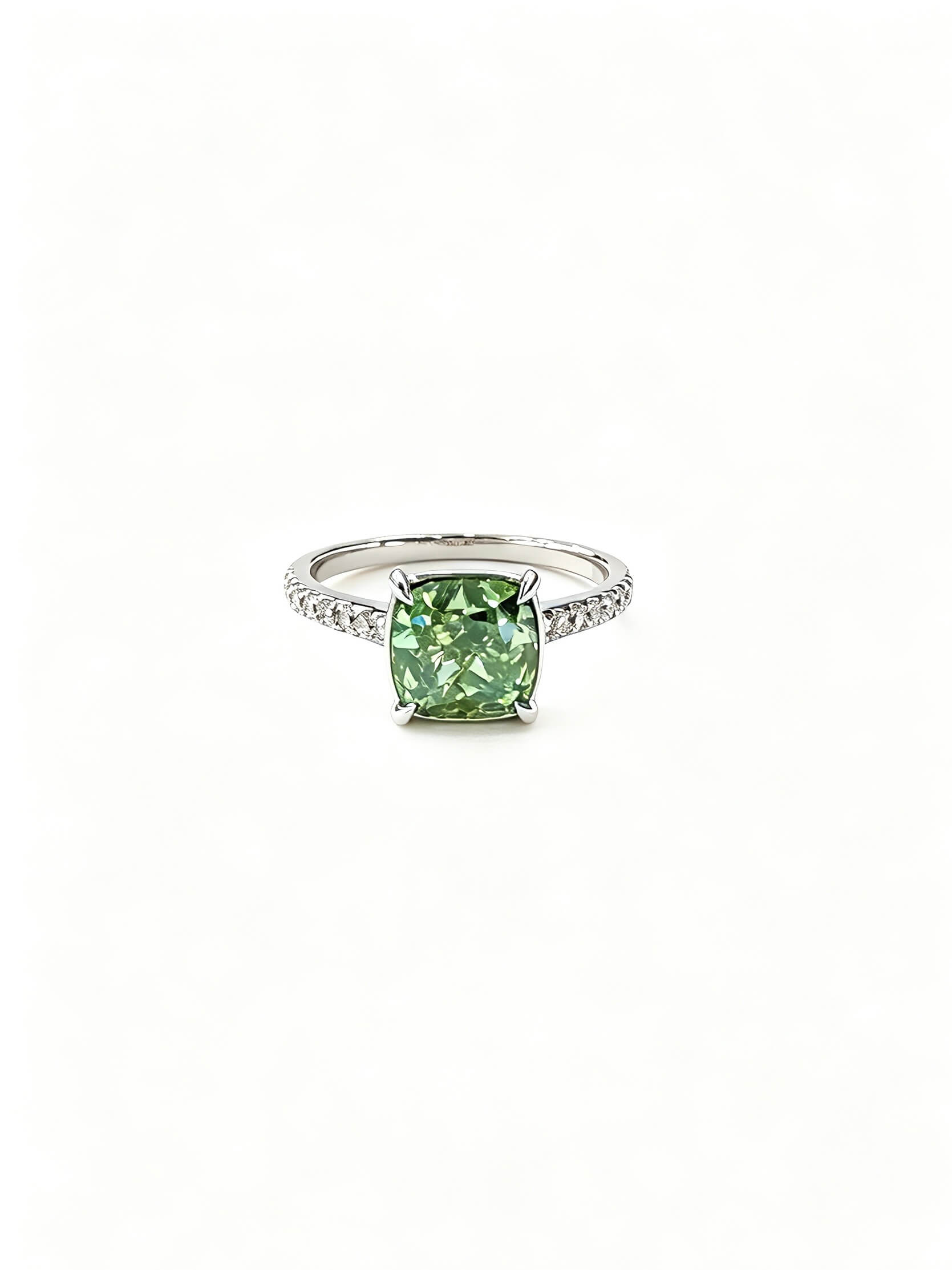 Cushion cut lab grown green diamond engagement ring 01
