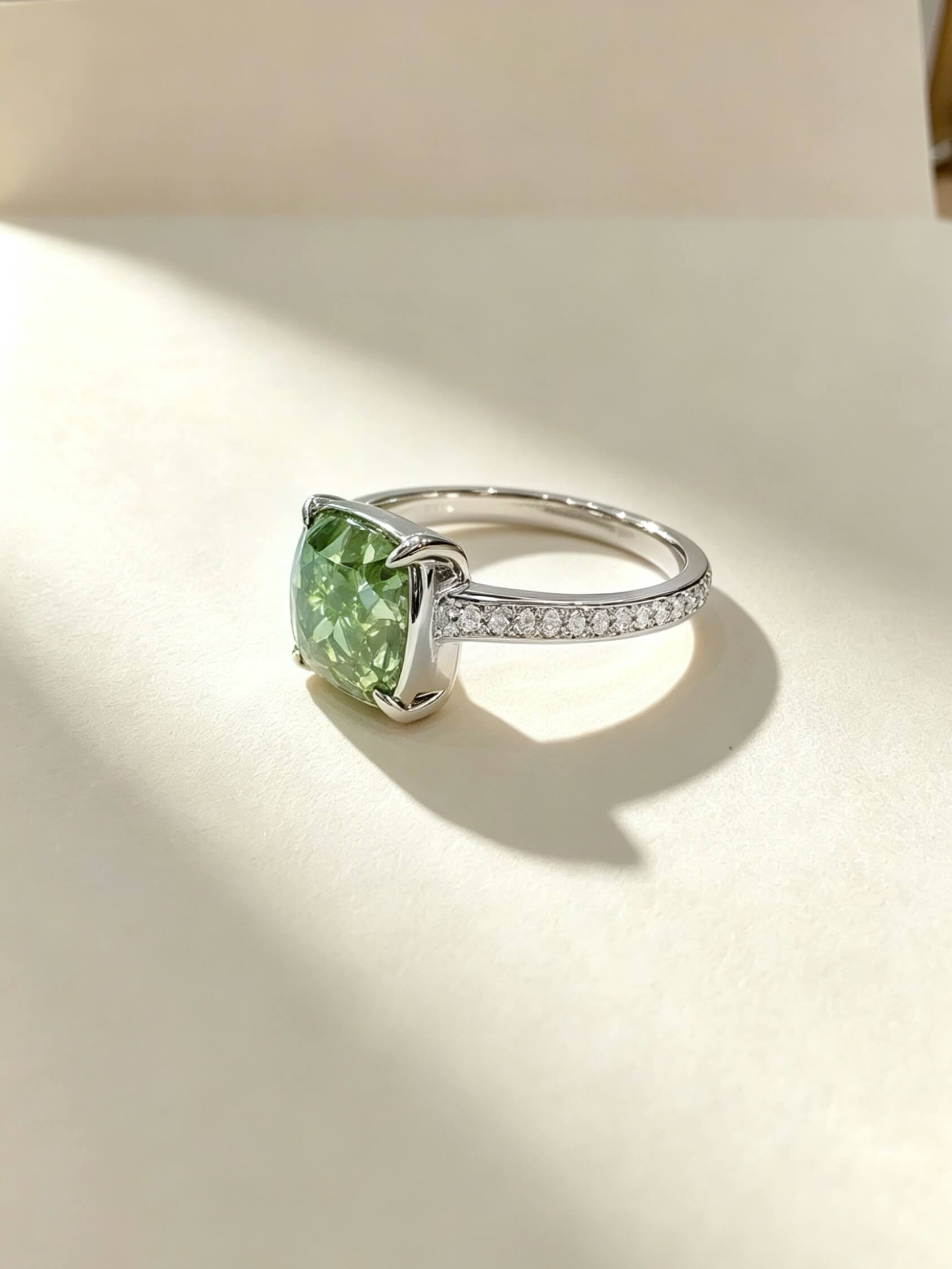 Cushion cut lab grown green diamond engagement ring 01