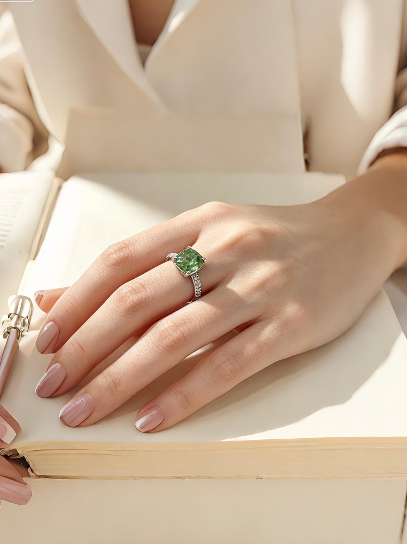 Cushion cut lab grown green diamond engagement ring 01