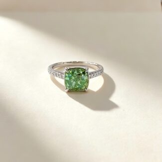 Cushion cut lab grown green diamond engagement ring 01
