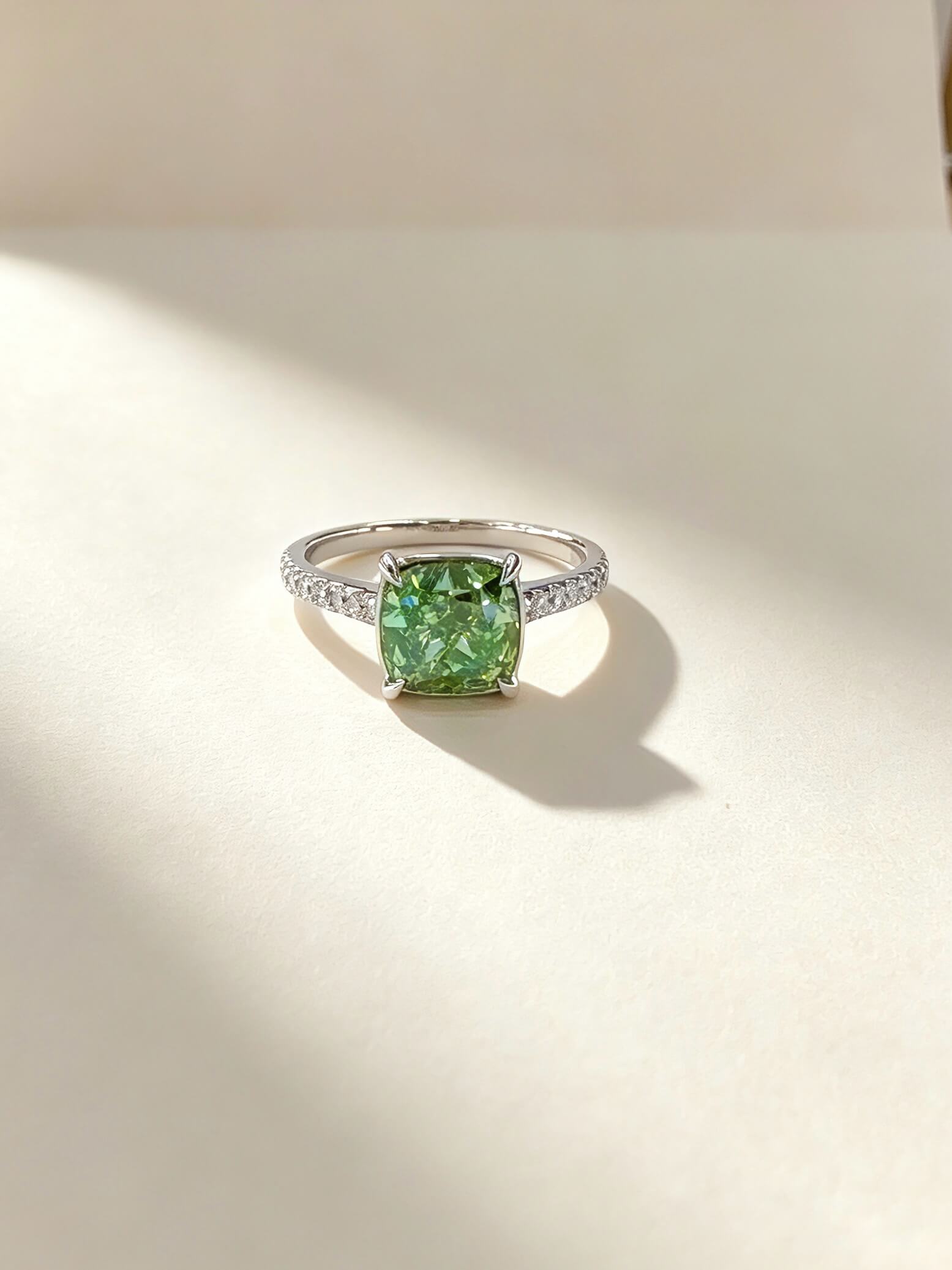 Cushion cut lab grown green diamond engagement ring 01