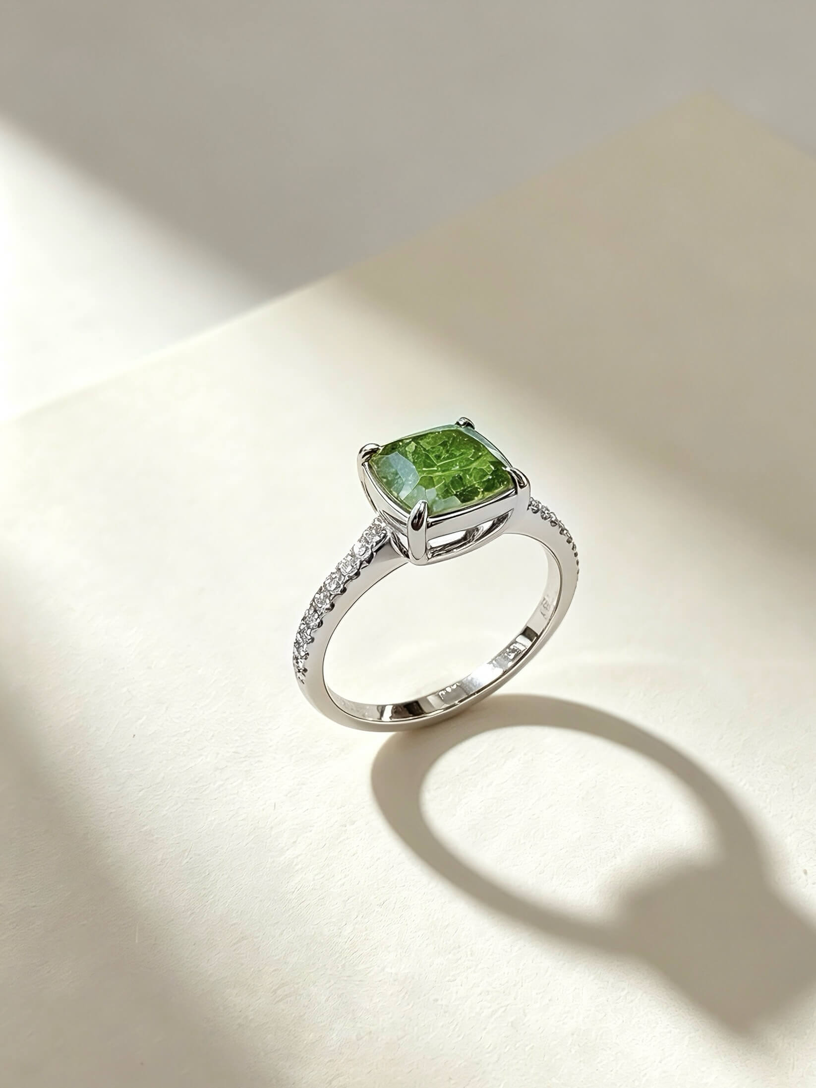 Cushion cut lab grown green diamond engagement ring 01