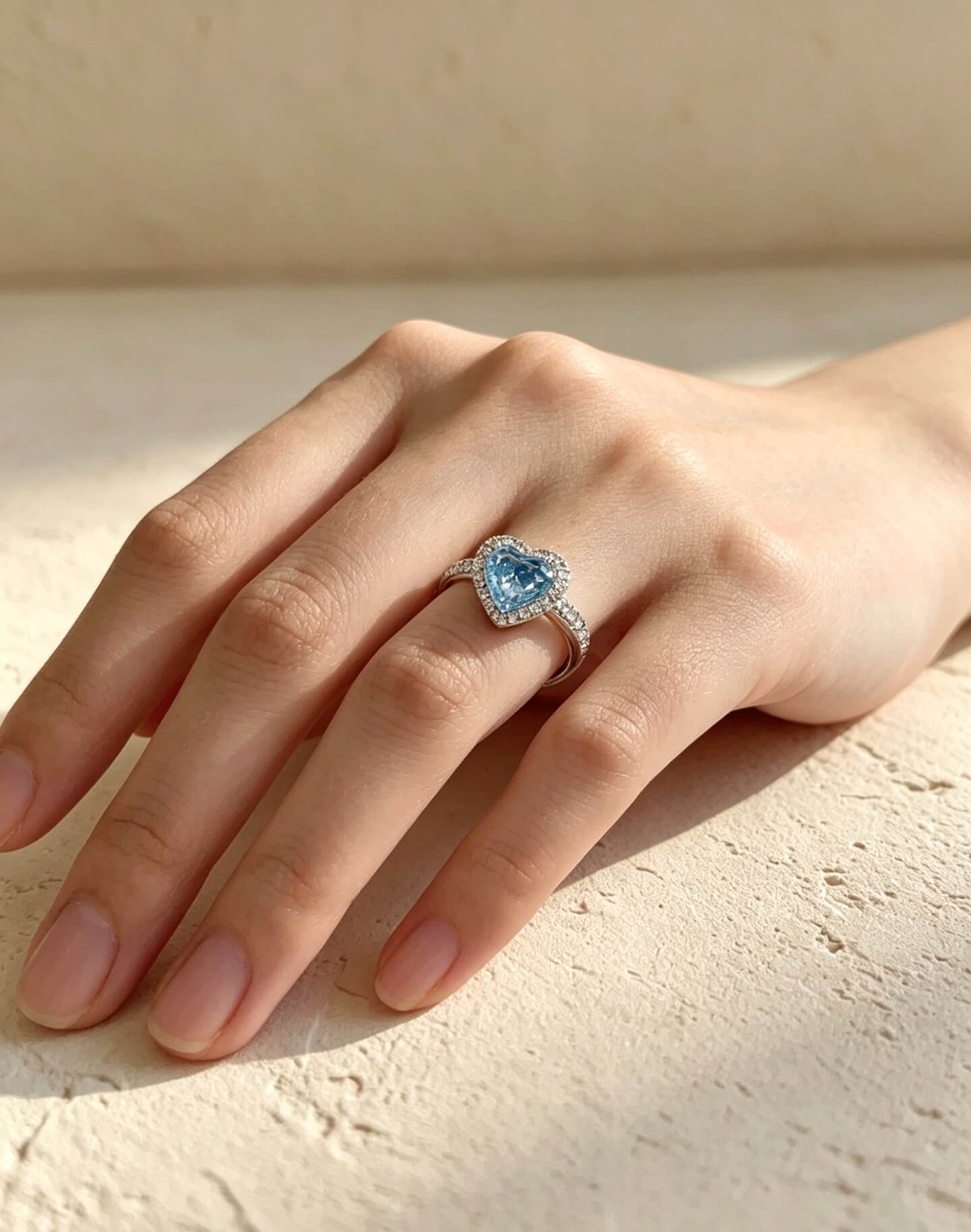 Heart cut lab grown blue diamond engagement ring