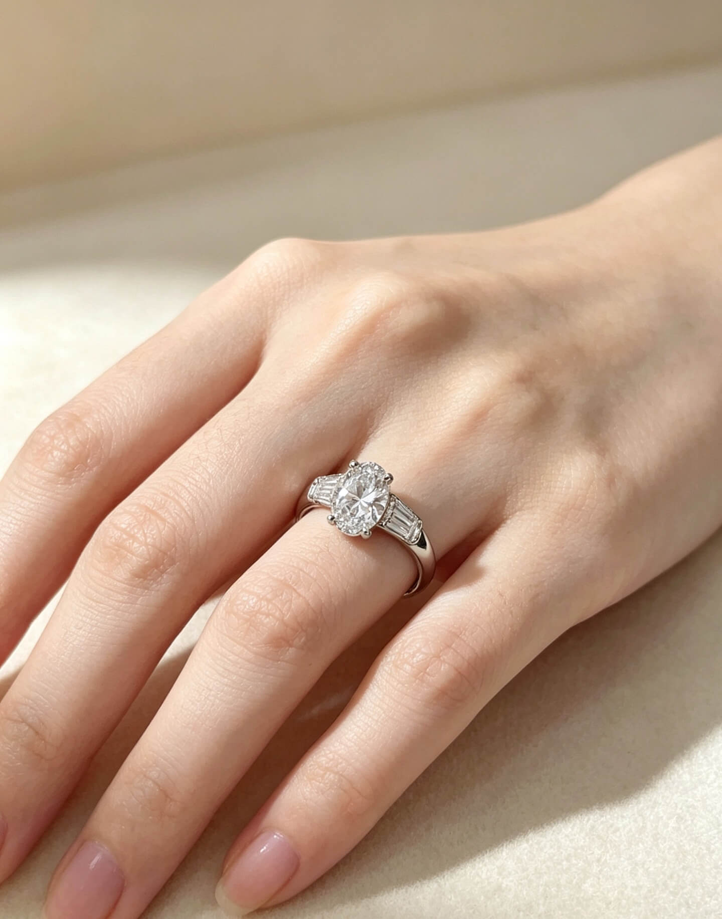 Oval cut lab grown diamond three stones engagement ring