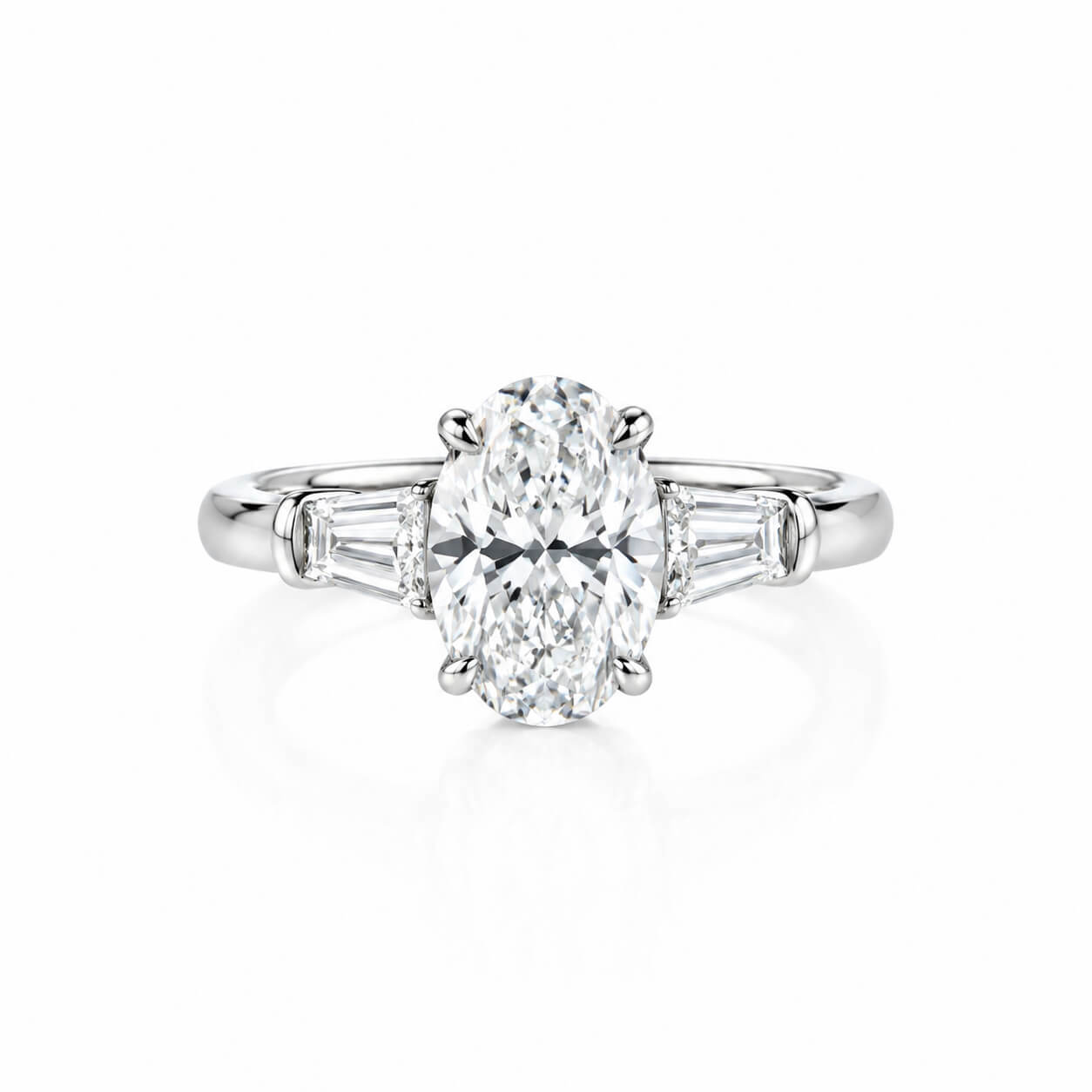 Oval cut lab grown diamond three stones engagement ring