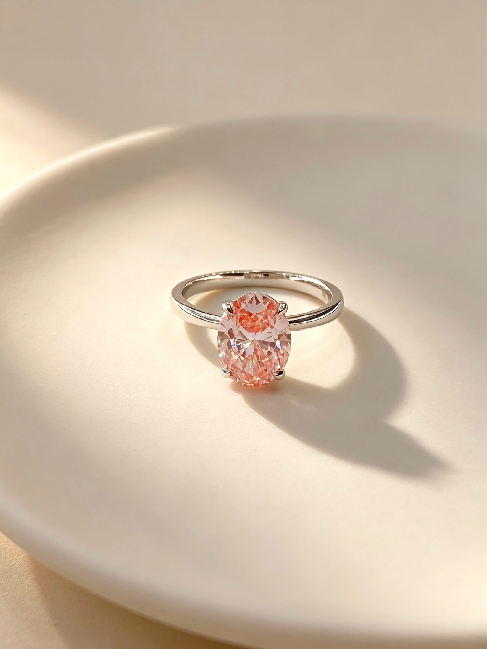 Oval cut lab grown pink diamond engagement ring 01