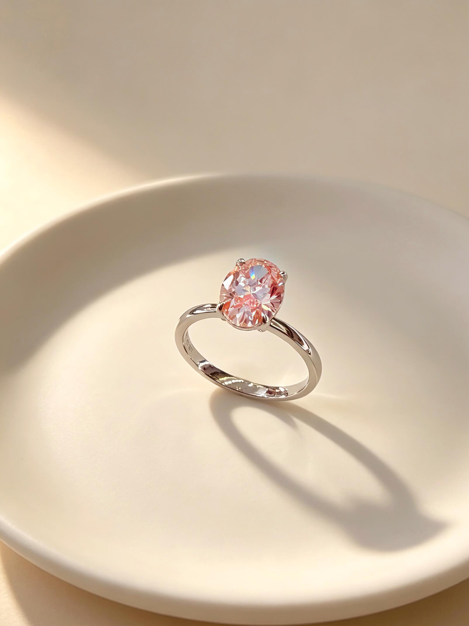 Oval cut lab grown pink diamond engagement ring 01