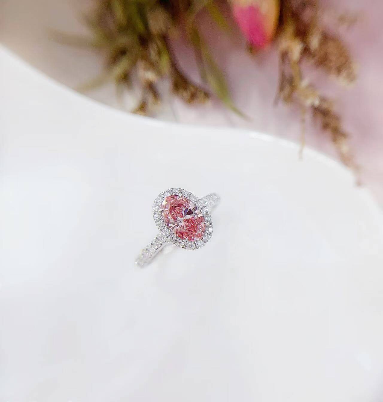Oval cut lab grown pink diamond engagement ring 03