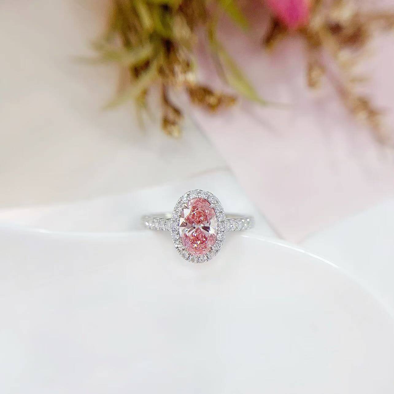 Oval cut lab grown pink diamond engagement ring 03