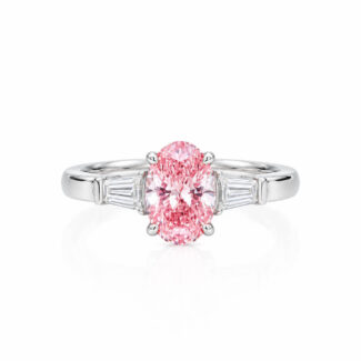 Oval cut lab grown pink diamond three stones engagement ring 02