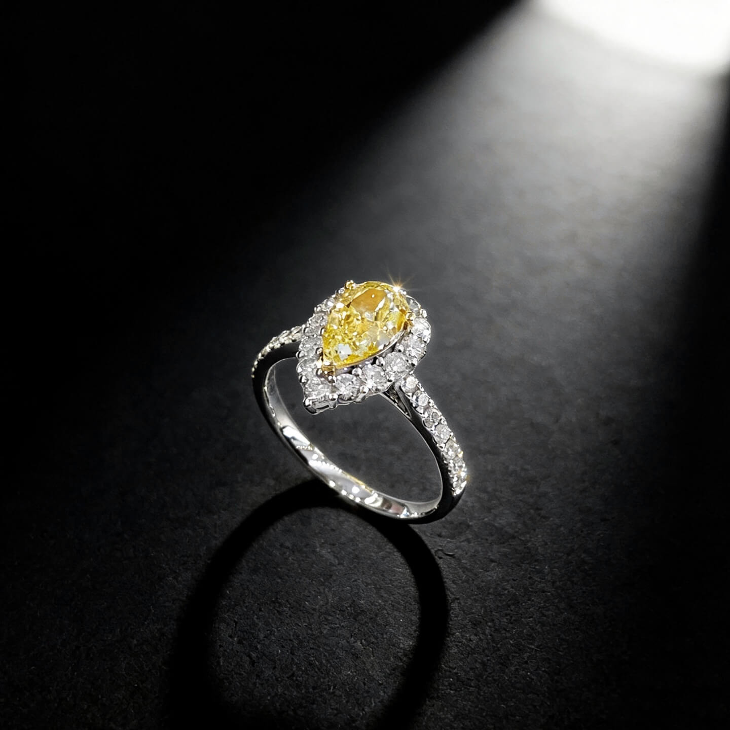 Pear cut lab grown yellow diamond engagement ring 03