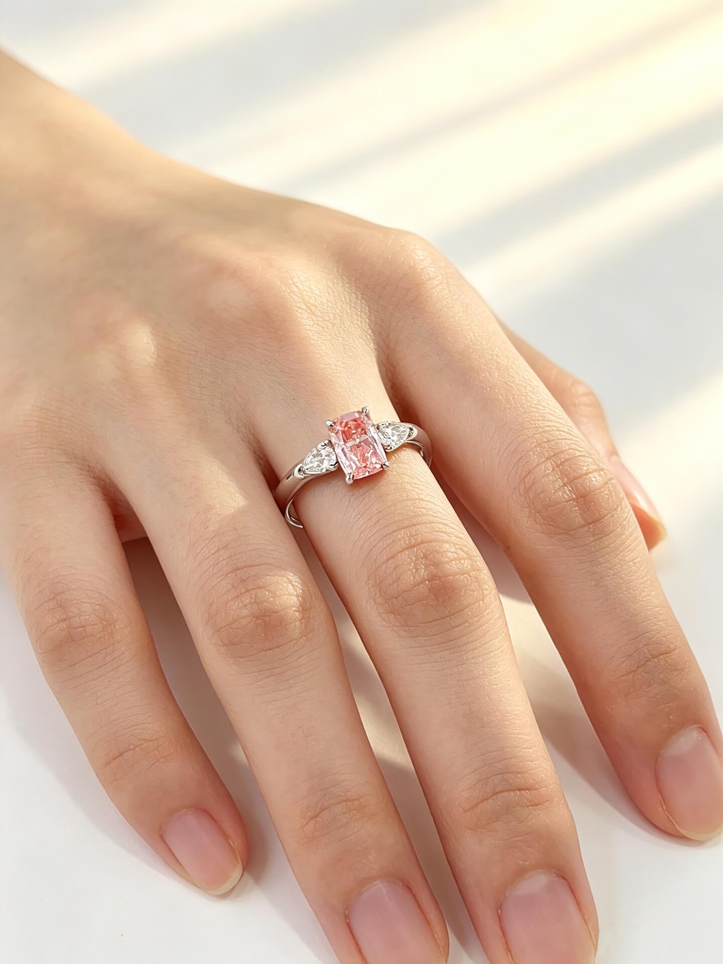 Radiant cut lab grown pink diamond three stones engagement ring 02