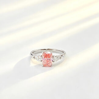 Radiant cut lab grown pink diamond three stones engagement ring 02