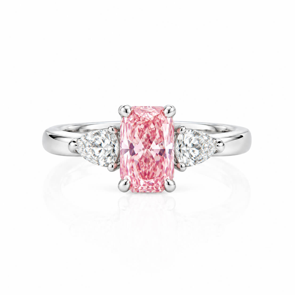 Radiant cut lab grown pink diamond three stones engagement ring 02